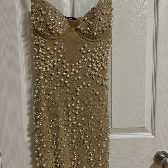 Pearl Embellished Nude Mesh Mini Dress | Statement Party Look - Picture 1 of 3